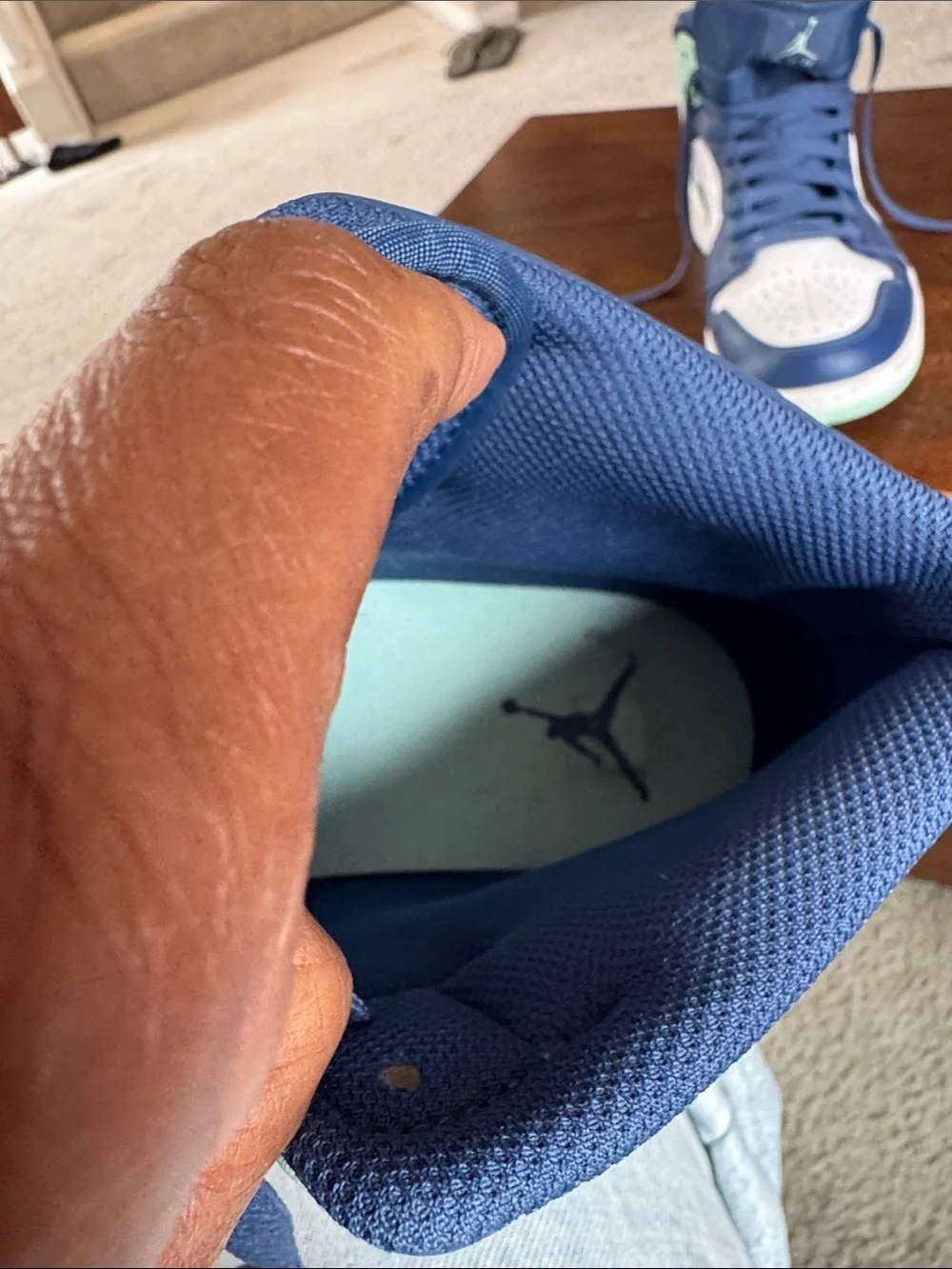 Air Jordan Mid Top Sneakers in Navy, White & Light Green
